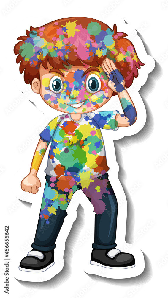 Happy boy with colour on his body sticker on white background Happy boy with colour on his body sticker on white background