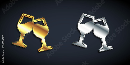 Gold and silver Wine glass icon isolated on black background. Wineglass sign. Long shadow style. Vector