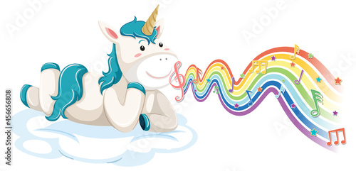 Unicorn laying on the cloud with melody symbols on rainbow wave