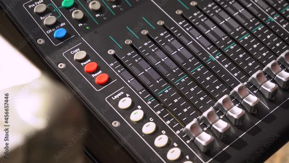 Close Up Of Channel Faders And Auxiliaries Button Of SQ-5 Sound Mixer. - high angle Close Up Of Channel Faders And Auxiliaries Button Of SQ-5 Sound Mixer. - high angle