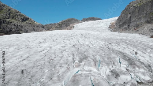 Aerial: receding glacier in mountain valley, global warming climate change photo