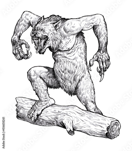 Werewolf roaring drawing. Fantasy monster illustration. Halloween template. 