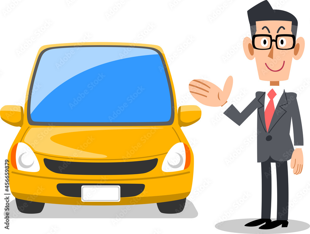 笑顔で車を勧めるビジネスマン
笑顔で車を勧めるビジネスマン