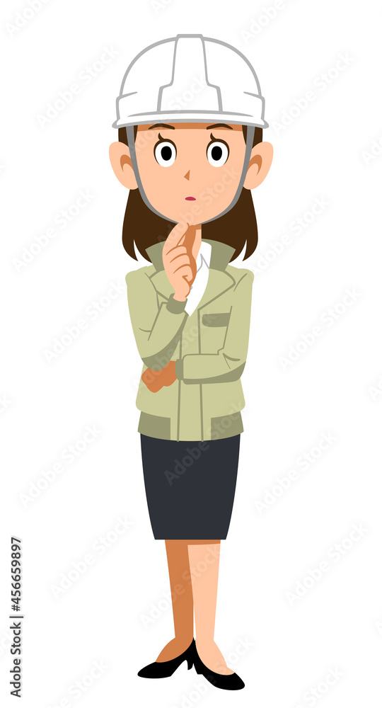 考えるヘルメットを被って作業着を着た女性
