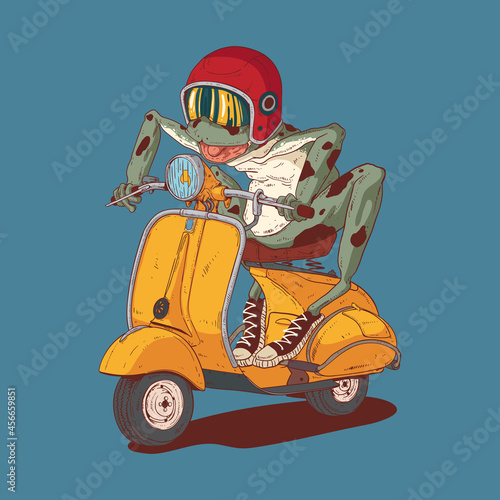 Illustration of crazy frog riding retro scooter