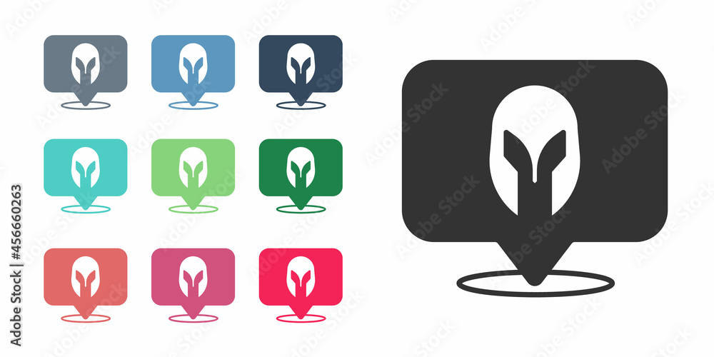 Black Medieval iron helmet for head protection icon isolated on white background. Knight helmet. Set icons colorful. Vector