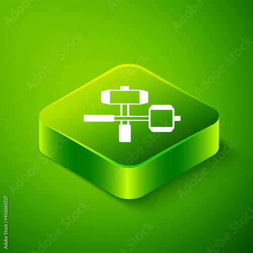 Isometric Medieval crossed battle hammers icon isolated on green background. Green square button. Vector