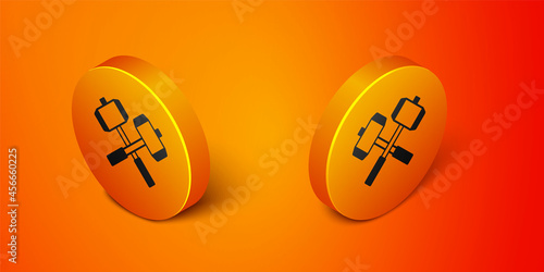 Isometric Medieval crossed battle hammers icon isolated on orange background. Orange circle button. Vector