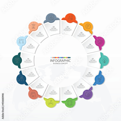 Basic circle infographic template with 14 steps, process or options, process chart, Used for process diagram, presentations, workflow layout, flow chart, infograph. Vector eps10 illustration.