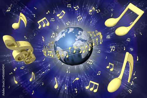 Pentagramma musicale ruota attorno al mondo. Sullo sfondo l'universo costellato di note musicali.. photo