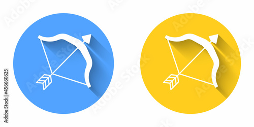 White Medieval bow and arrow icon isolated with long shadow background. Medieval weapon. Circle button. Vector