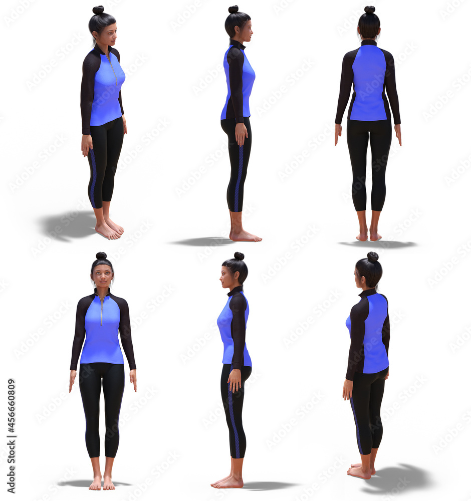 3D Woman with Sport Outfit in Yoga Mountain Pose with 6 angles of view on white