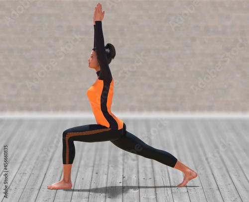Virtual Woman with Sport Outfit in Yoga Warrior One Pose with a clear wood floor