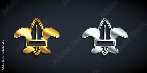 Gold and silver Fleur de lys or lily flower icon isolated on black background. Long shadow style. Vector