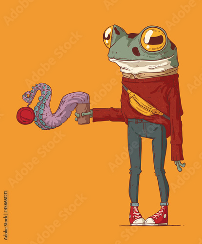 Something's wrong with this Latte. Vector illustration. Creepy coffee. Anthropomorphic hipster frog holding a cup of coffee with huge tentacle climbing out of it. Quirky morning coffee