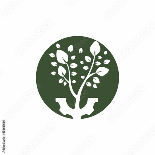 Gear tree vector logo design template. Modern nature technology logo. Green eco tech and industry logo concept.