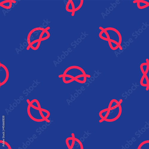 Red Nautical rope knots icon isolated seamless pattern on blue background. Rope tied in a knot. Vector © Kostiantyn