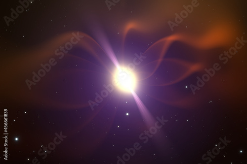 Pulsar in deep space. Collapse of a stellar core to a neutron star. 3D illustration