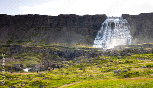 Fototapeta Naklejka Na Ścianę i Meble -  Dynjandi, Iceland on august 6, 2021: Dynjandi is the most famous waterfall of the West Fjords, Iceland