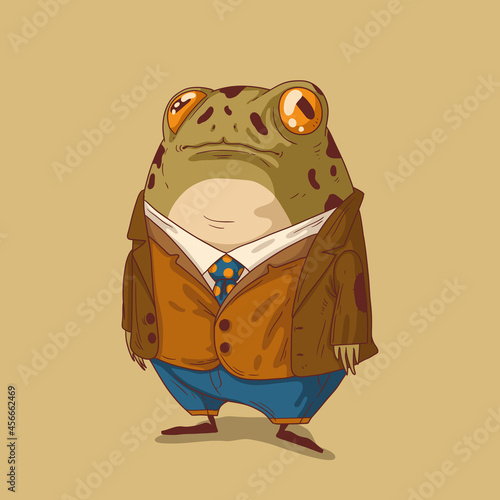 The frog gentleman, stylishly dressed, went for a walk in the garden with friends in cool weather