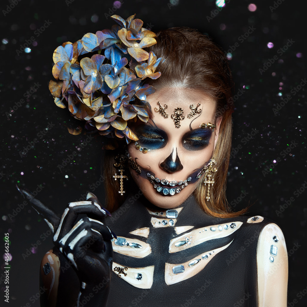 Halloween beauty skeleton woman makeup face Bokeh glitter. Girl death  Halloween costume. Day of The Dead. Charming and dangerous Calavera Catrina  Stock Photo | Adobe Stock