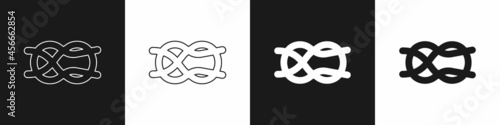 Set Nautical rope knots icon isolated on black and white background. Rope tied in a knot. Vector