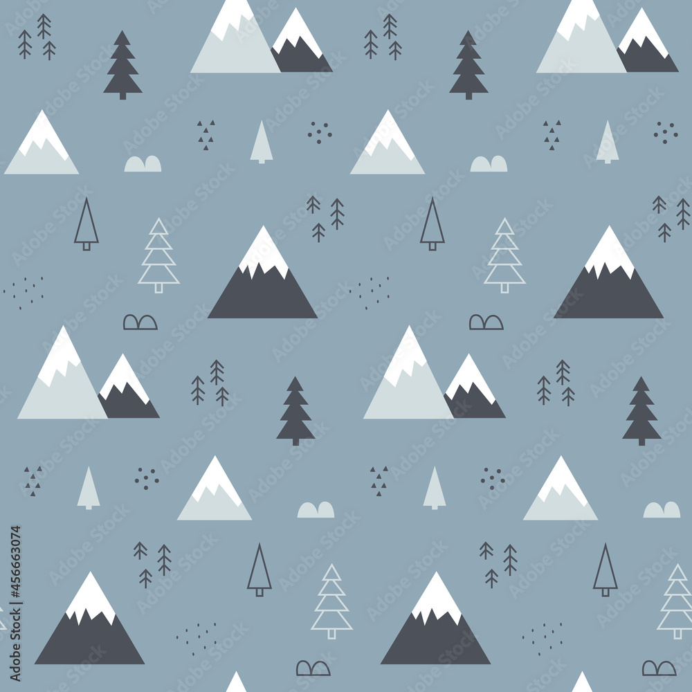 Christmas cute wild winter forest vector seamless pattern with Christmas trees, mountains, stones, bushes in trendy Scandinavian Boho style