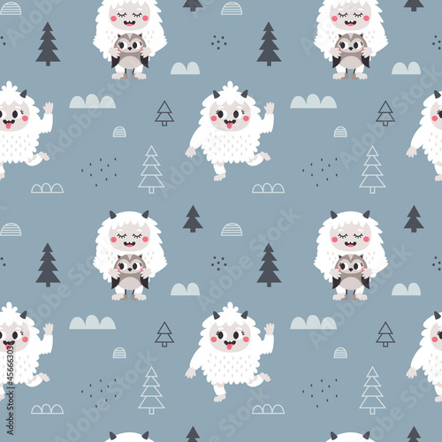 Christmas wild winter vector cute seamless pattern with Yeti characters, Bigfoot, owl, stones, christmas tree, plants in scandinavian Boho style