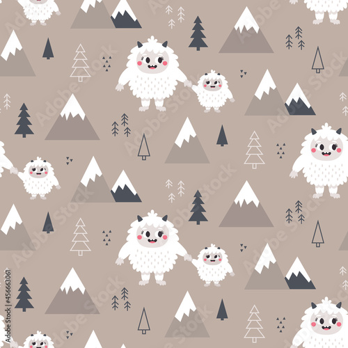 Christmas wild winter vector cute seamless pattern with Yeti characters, Baby Yeti, Bigfoot, stones, mountains, christmas tree, plants in scandinavian Boho style
