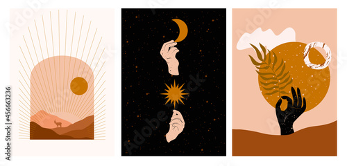 Collection of Modern Arts posters with abstract shape, animals, plants. Aesthetic Modern Art, Boho Decor, Minimalist Art. Editable Vector  contemporary poster illusration.