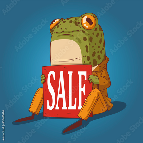 A gentleman frog stylishly dressed sits on the floor with a sign in his hands that says: sale