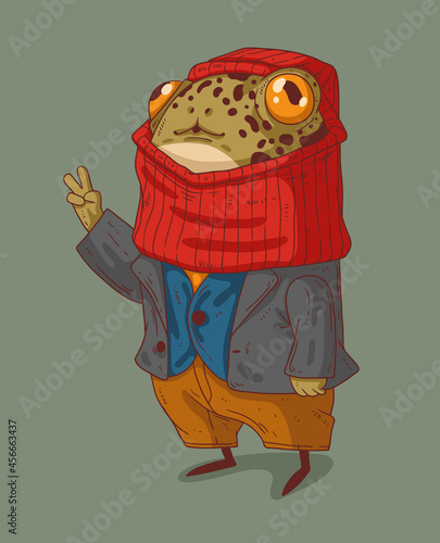A well-dressed frog in a jacket with a knitted balaclava on her head shows everyone in peace