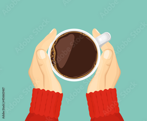 Woman's  hands in a red sweater hold cup of coffee or tea. Vector illustration in cartoon flat style. Top view.