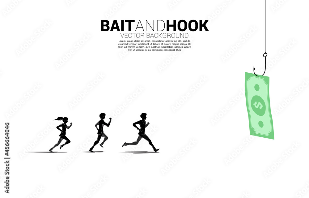 Silhouette of businessman and businesswoman running follow banknote with fishing hook. Concept of bait and hook in business. Silhouette of businessman and businesswoman running follow banknote with fishing hook. Concept of bait and hook in business.