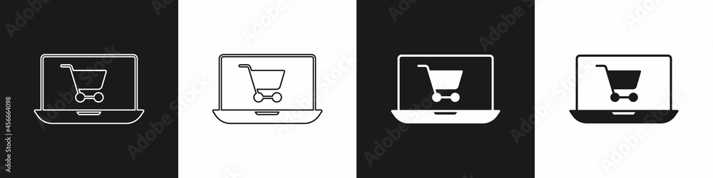 Set Shopping cart on screen laptop icon isolated on black and white background. Concept e-commerce, e-business, online business marketing. Vector Set Shopping cart on screen laptop icon isolated on black and white background. Concept e-commerce, e-business, online business marketing. Vector