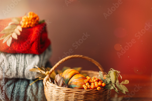 Wicker basket with autumn harvest on the background of knitted sweaters of different colors