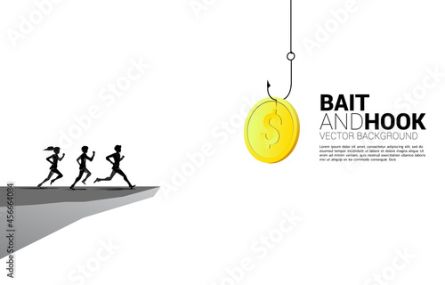 Silhouette of businessman and businesswoman running to cape follow money coin with fishing hook. Concept of bait and hook in business.