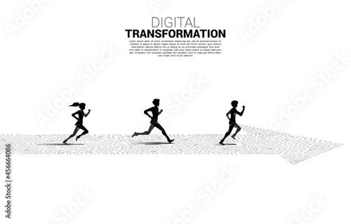 Silhouette of Businessman and businesswoman running on the arrow path with dot connect line circuit. concept of digital transformation of business.