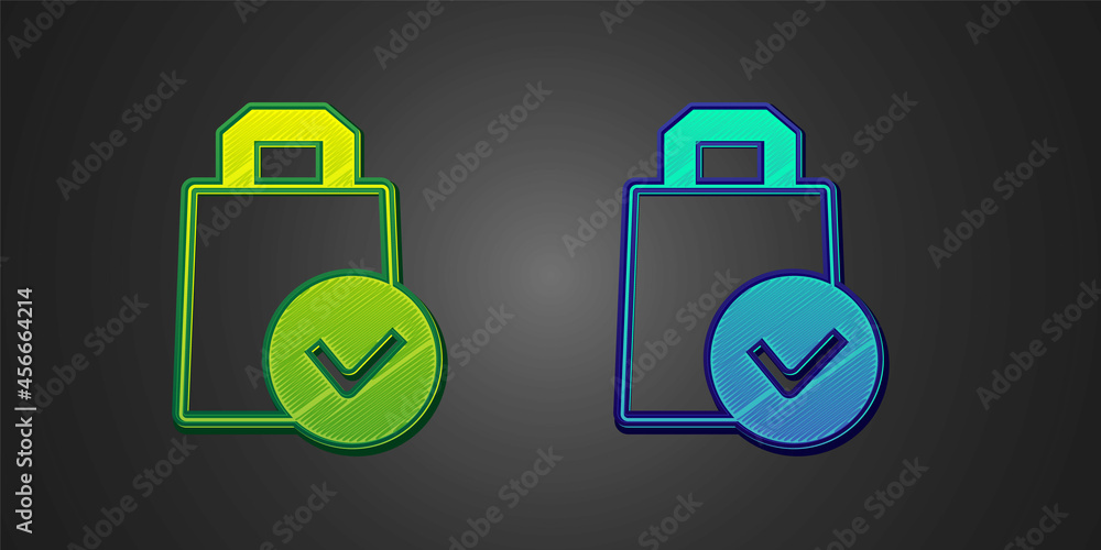 Green and blue Paper shopping bag icon isolated on black background. Package sign. Vector Green and blue Paper shopping bag icon isolated on black background. Package sign. Vector
