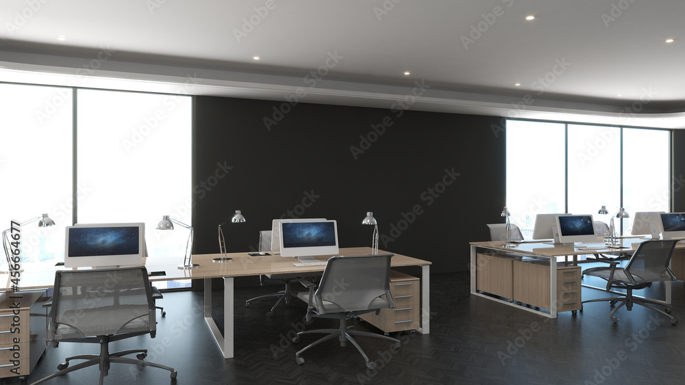 office area with blank wall 3d design interior for company wall logo mockup and branding