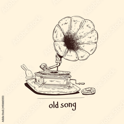 Monochrome illustration of Isolated old phonograph