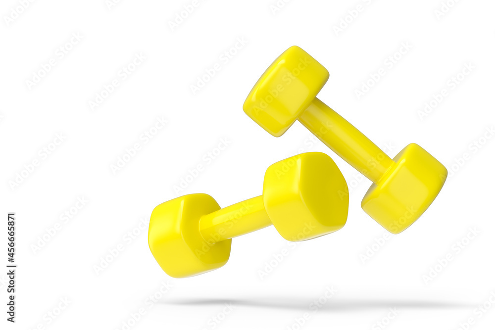 Pair of rubber yellow dumbbells isolated on white background Pair of rubber yellow dumbbells isolated on white background