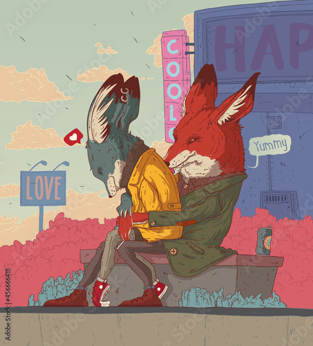 Love in the City, vector illustration. Lovely hugging hipster couple. Humanized wolf and fox in love. Anthropomorphic fox and wolf, sitting on the bench and hugging against a vivid urban background