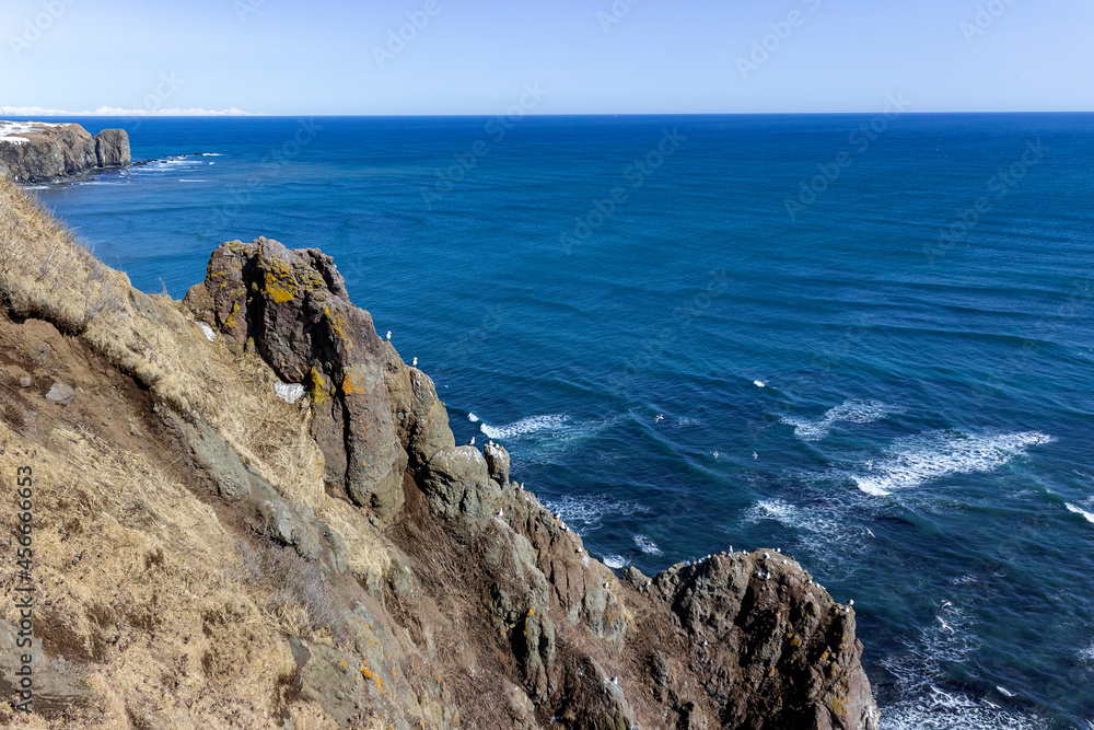 Russia, Kamchatka, Cape Mayachny. The cold waters of the Pacific Ocean and huge rocks with birds. The nature of the Far East.