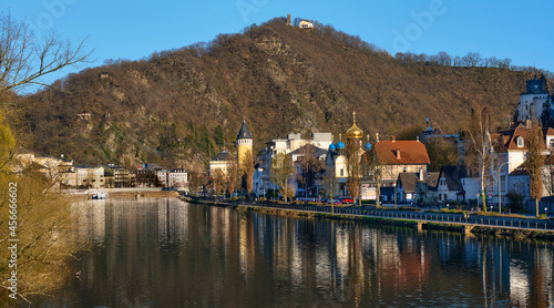 The old German city of Bad Ems. View from the river to the mountain and the city.
