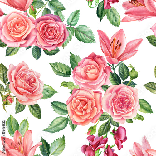 Floral seamless patterns from branches of roses, sweet peas, lilies. Watercolor painting