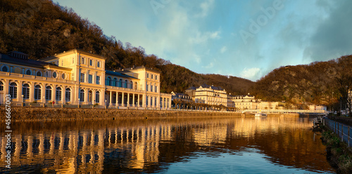 The old German city of Bad Ems. Buildings of classical architecture. View from the river. Evening landscape.