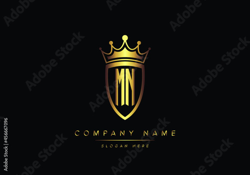 Alphabet letters MN monogram logo, gold color, shield style, luxury style, vector illustration