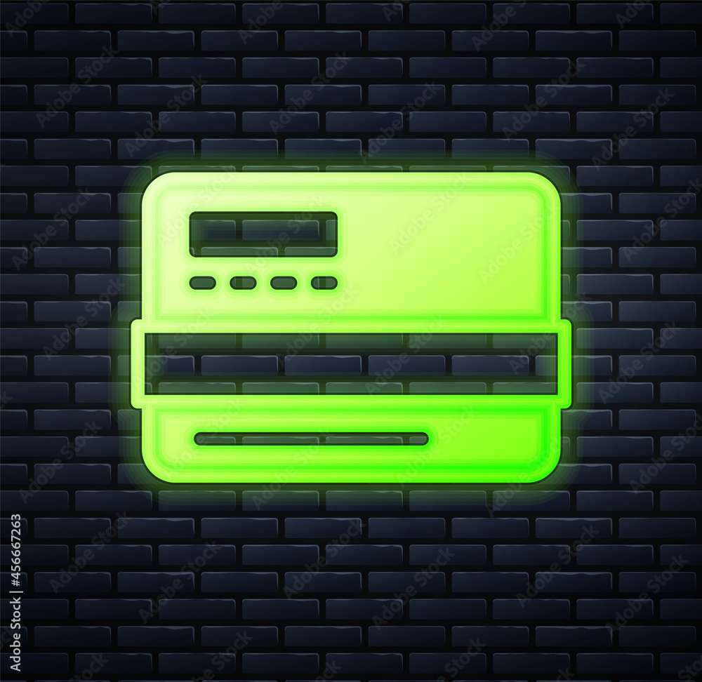 Glowing neon Credit card icon isolated on brick wall background. Online payment. Cash withdrawal. Financial operations. Shopping sign. Vector Glowing neon Credit card icon isolated on brick wall background. Online payment. Cash withdrawal. Financial operations. Shopping sign. Vector