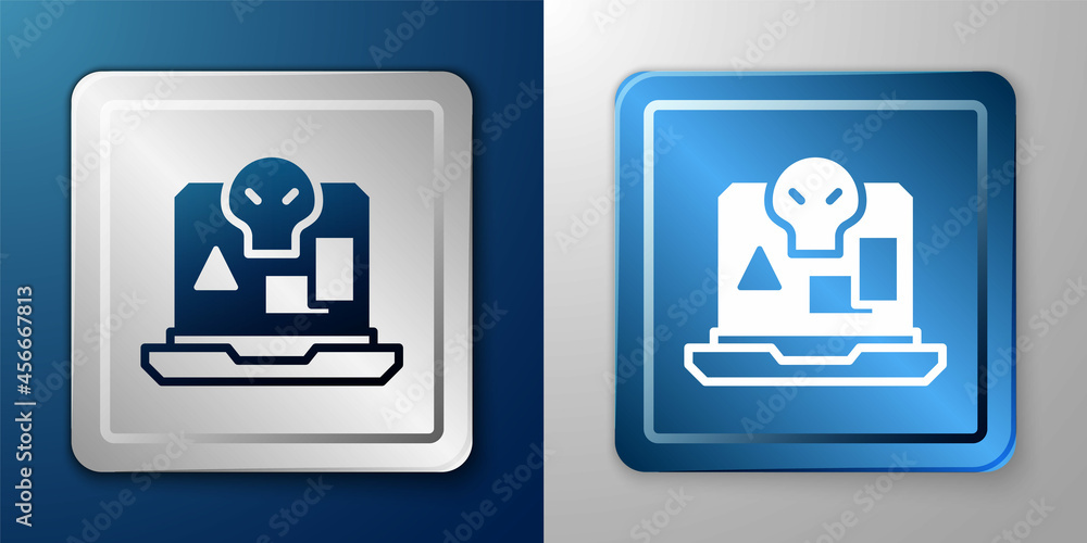 White Internet piracy icon isolated on blue and grey background. Online piracy. Cyberspace crime with file download and movies sharing. Silver and blue square button. Vector White Internet piracy icon isolated on blue and grey background. Online piracy. Cyberspace crime with file download and movies sharing. Silver and blue square button. Vector